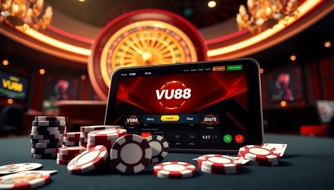Engaging players at VU88 with a vibrant online casino scene featuring poker chips and cards.