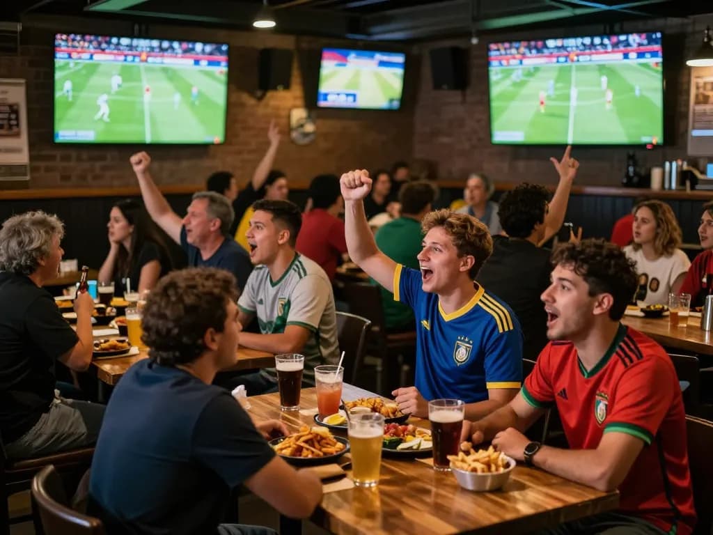Watch trực tiếp bóng đá vòng loại world cup in an energetic sports bar with excited fans and large screens.