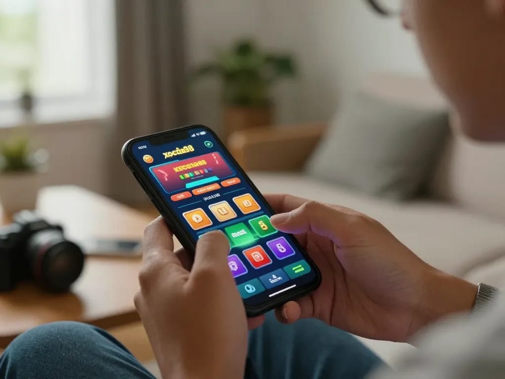 xocdia88 online betting app engaged during a cozy home gaming session, smartphone displaying vibrant graphics.