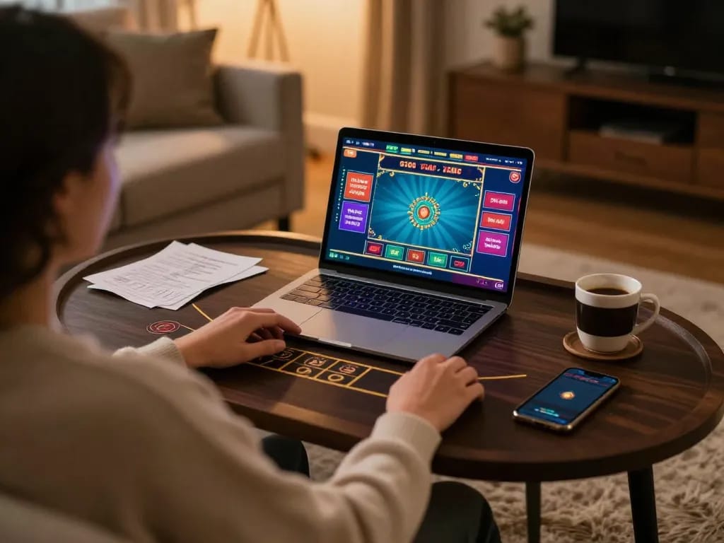 GO8 online gaming experience with live dealer game on laptop in cozy home setting