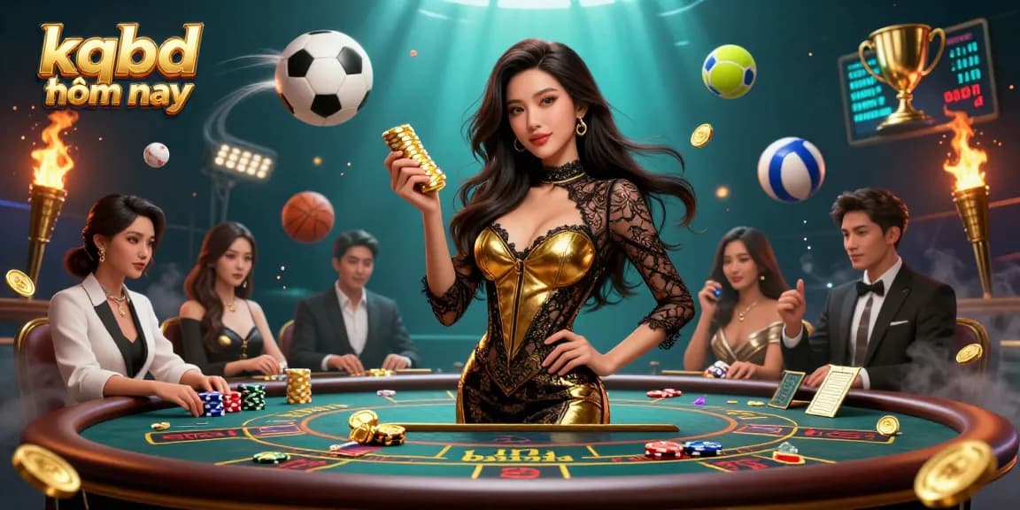 KQBD hôm nay showcases a glamorous Asian woman at a VIP baccarat table with high-stakes atmosphere.