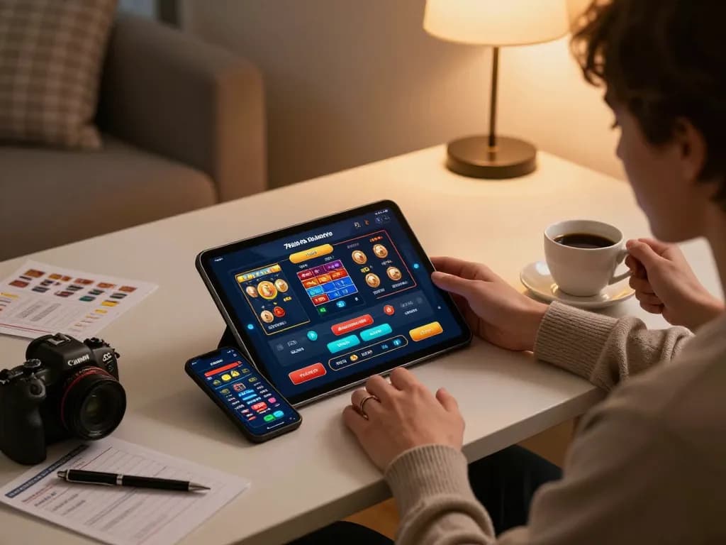 Gambling enthusiast engaged with the 79sodoe app on a tablet, showcasing interactive casino features in a cozy home setting.
