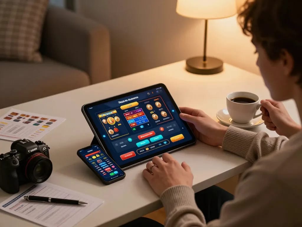 Gambling enthusiast engaged with the 79sodoe app on a tablet, showcasing interactive casino features in a cozy home setting.
