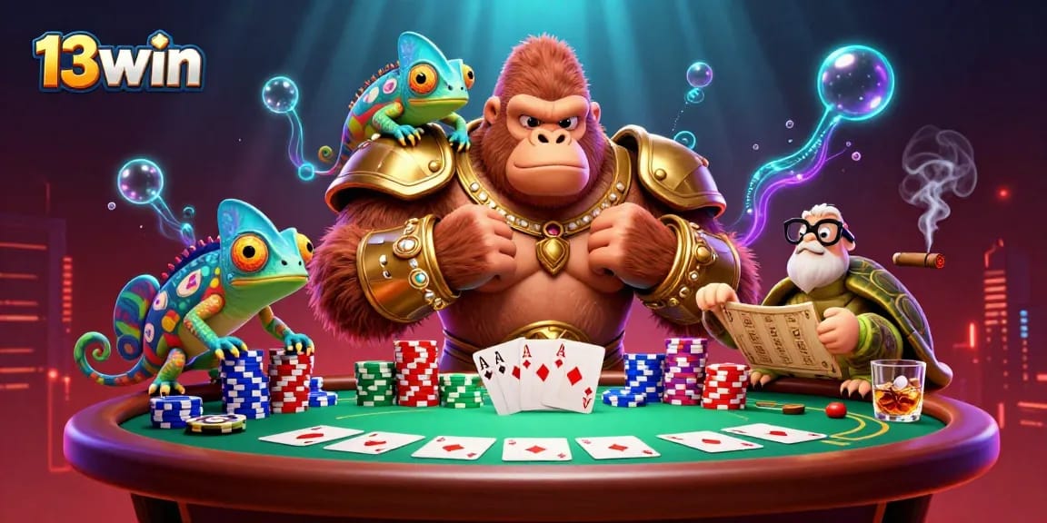 Experience thrilling poker action with 13win in a vibrant cartoon scene featuring colorful characters and game elements.