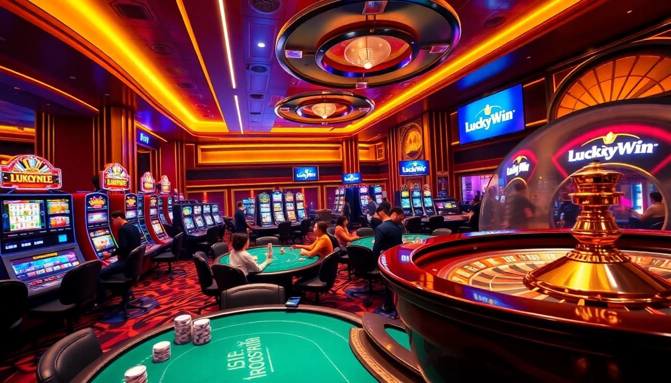 Exciting players enjoying high-stakes games at LuckyWin casino, with vibrant lights and slot machines.
