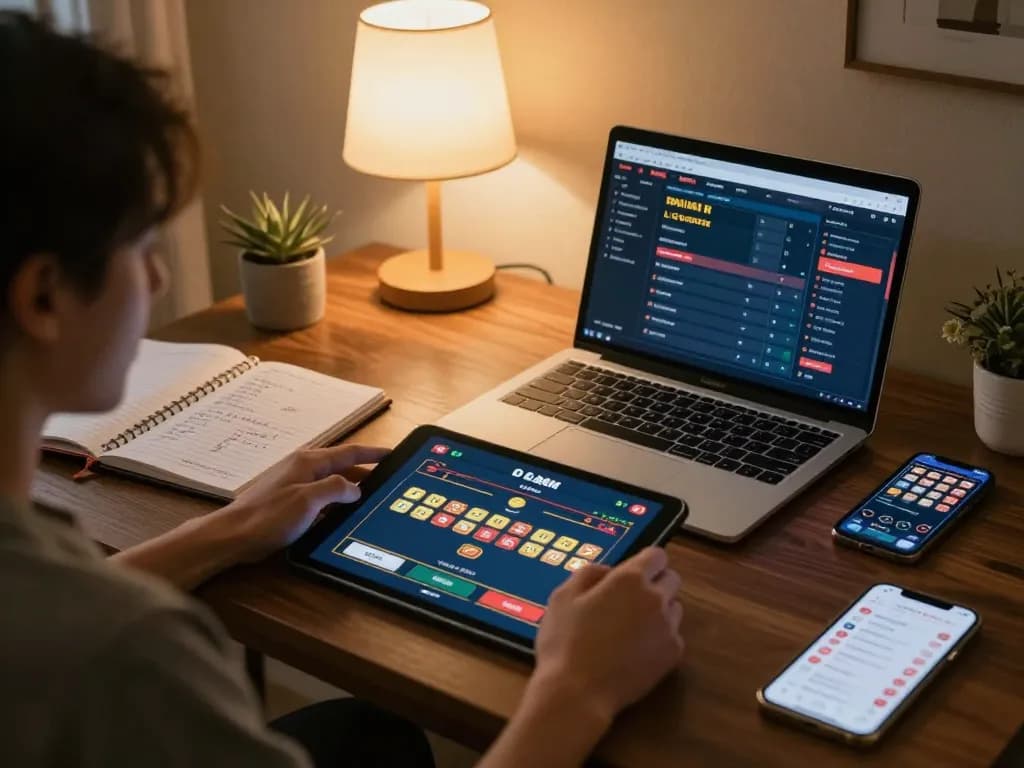 Engaging in online lô đề gaming at home with a tablet and strategy notes, showcasing responsible gambling.