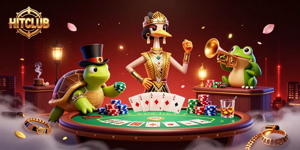 Engage in thrilling gameplay at HITCLUB with vibrant poker elements and characters in a rich casino scene.