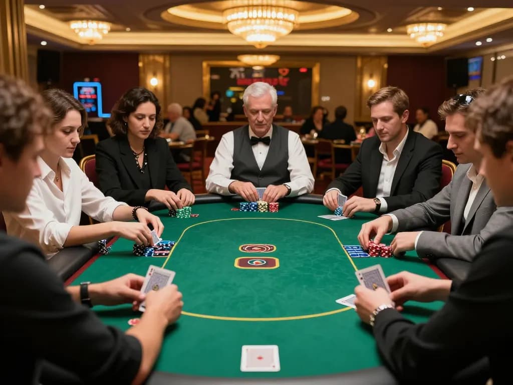 Nohu poker players strategizing their moves around a vibrant green table.