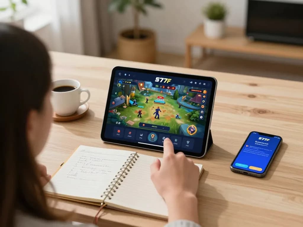 Player enjoying a strategic game on the 577F mobile app in a cozy home setting.