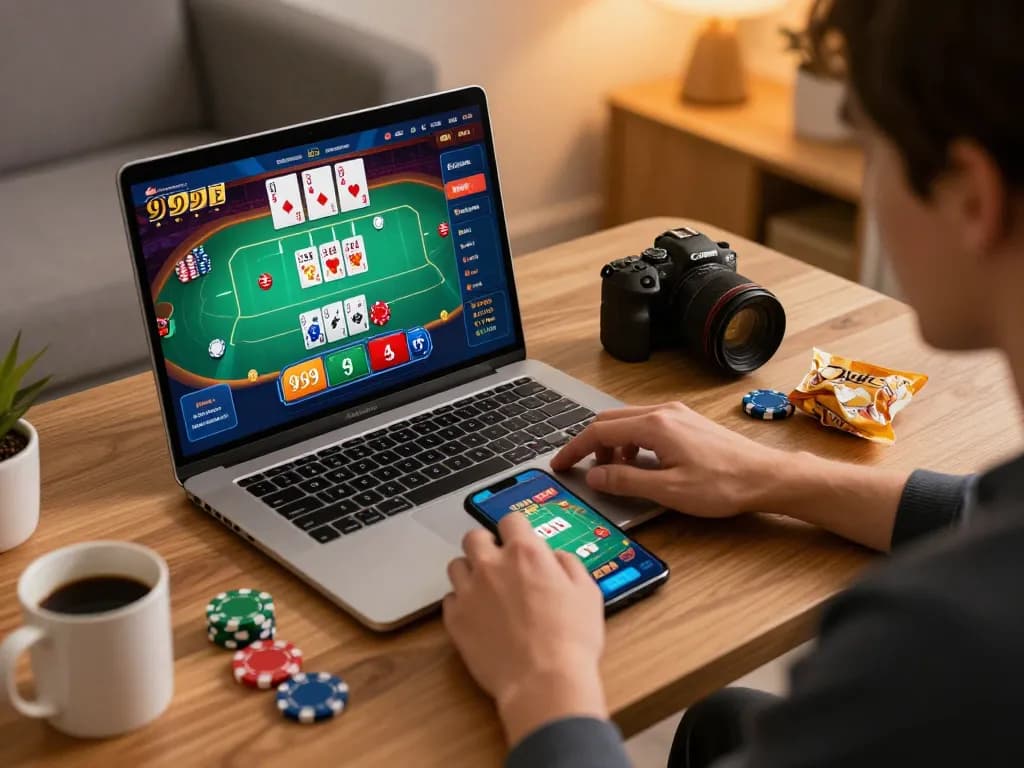 Engaging in online gaming at 999E from a cozy home environment, with poker interface visible.