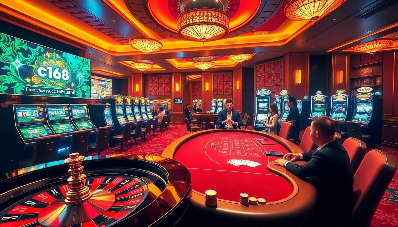 An exciting casino atmosphere featuring gambling activities from https://c168.sh/, showcasing tables and slot machines.