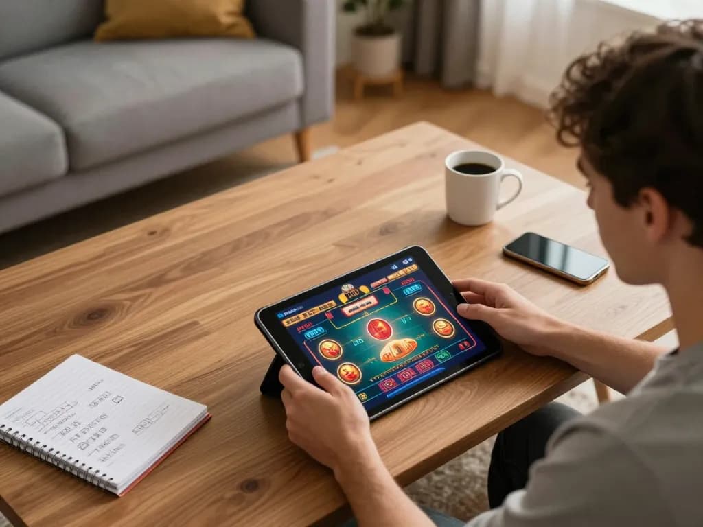 Player enjoying hybrid gaming experience on hytw3339 app in a cozy home setting, showing excitement.