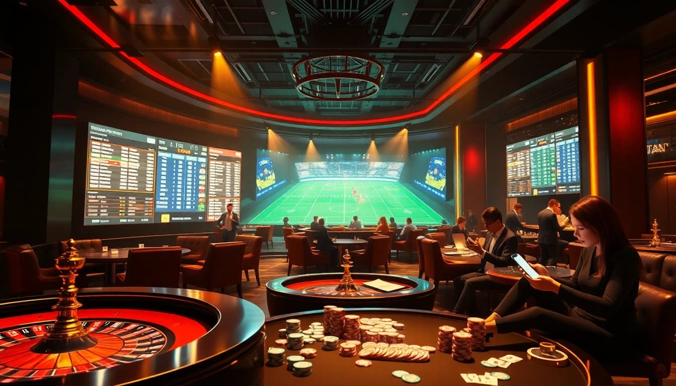 Betting on ty le keo with excited gamblers in a luxurious casino atmosphere.