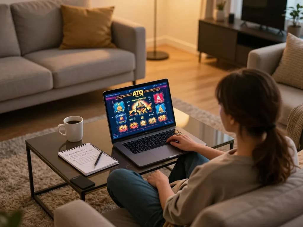 Engaging online gaming experience with tập đoàn ATQ interface on laptop, warm home atmosphere