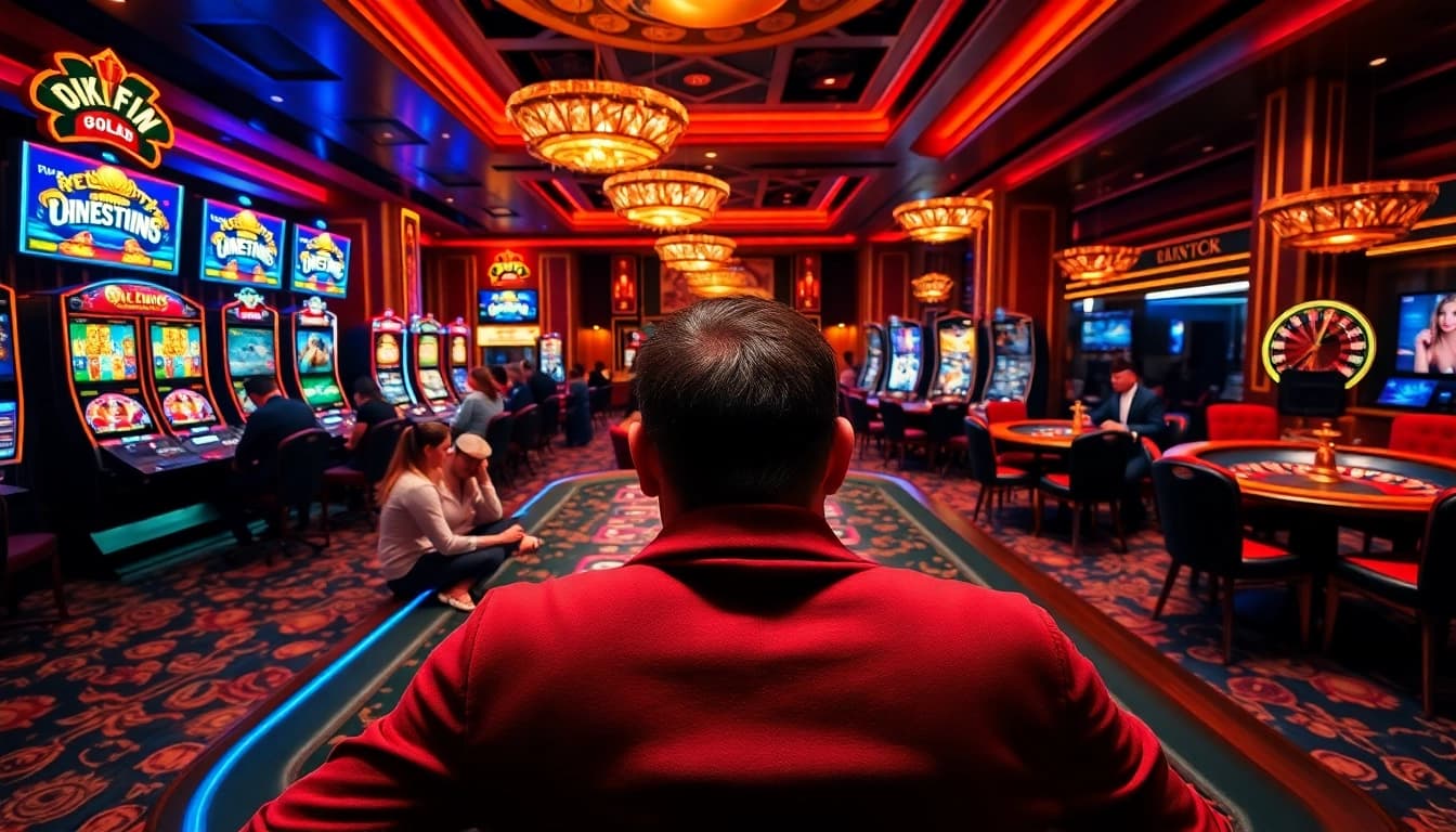 Experience high-stakes excitement at Okfun's vibrant casino scene filled with poker tables and lively slot machines.