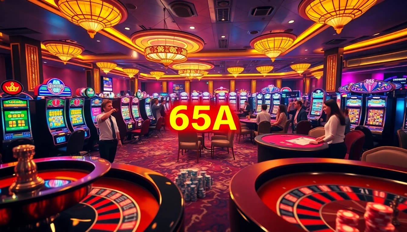 Experience the excitement of gambling at 65A with vibrant casino tables and winning players.