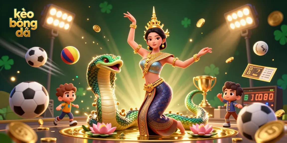 Engage in kèo bóng đá excitement with dynamic sports elements and festive characters.