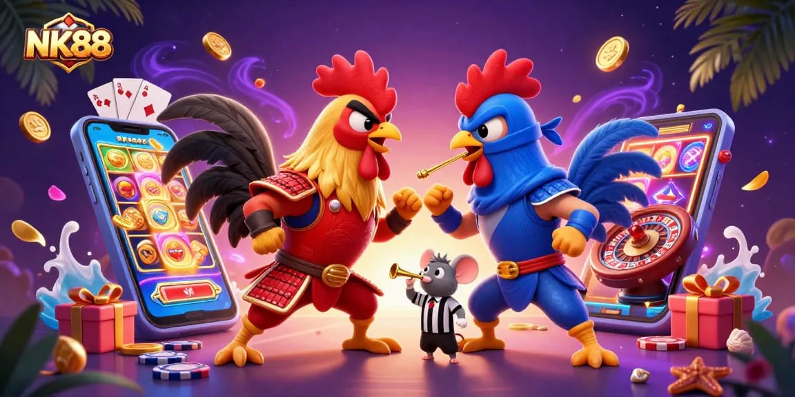 NK88 showcases thrilling rooster duel amid vibrant casino elements and colorful game graphics.