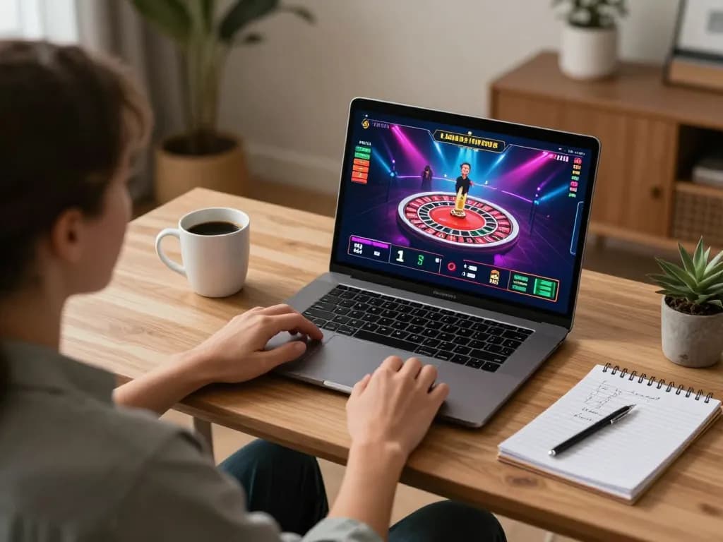 Engaging in online roulette with 28Bet com on laptop in stylish home office, showcasing responsible gaming.