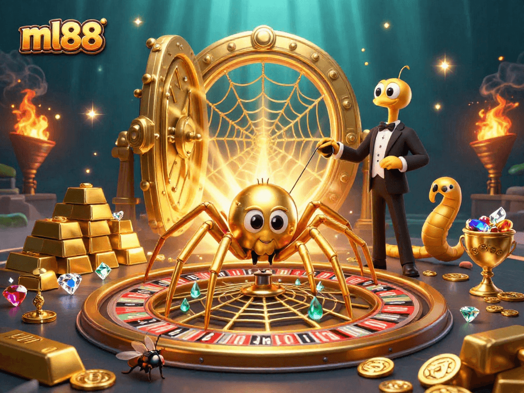 Immerse in the excitement of ml88 as a fly bets nervously at a roulette wheel web spun by a golden spider.