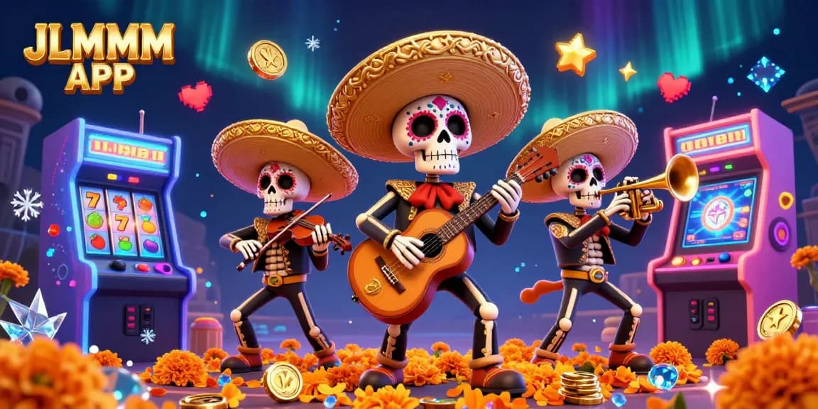 Experience the excitement of slots at JLMMM APP with vibrant 3D illustrations of a mariachi band and slot game elements.