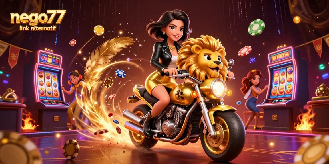 Engage with the thrilling world of NEGO77 link alternatif while riding a golden lion mascot in a vibrant casino