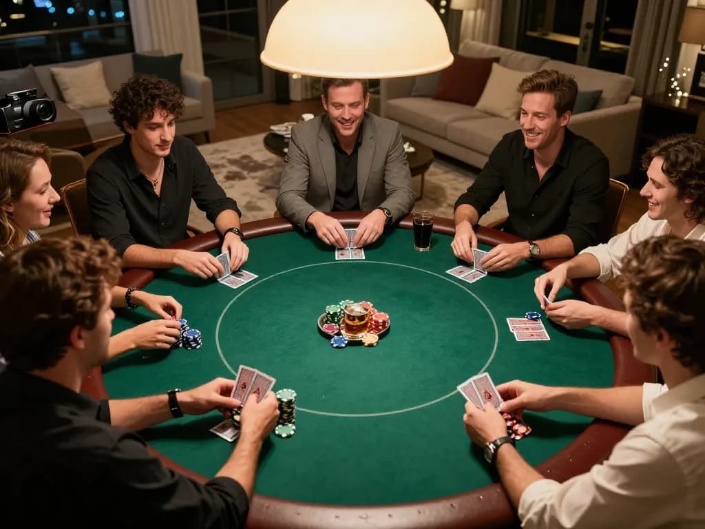 Players enjoying an intense poker game at home showcasing strategic choices and interaction, highlighting hay88x betting excitement.
