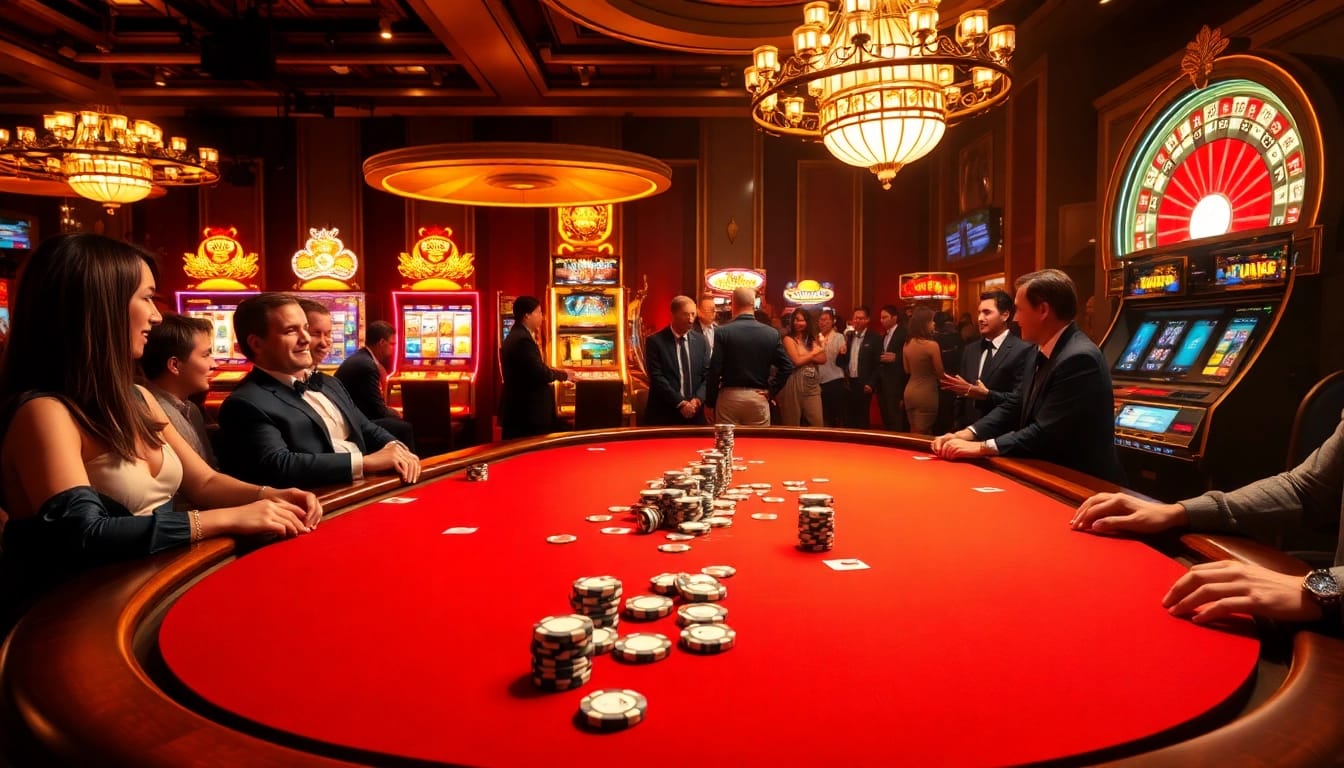 Experience the thrill of betting at https://kjc.football/, with vibrant poker tables, glowing slot machines, and excited players.