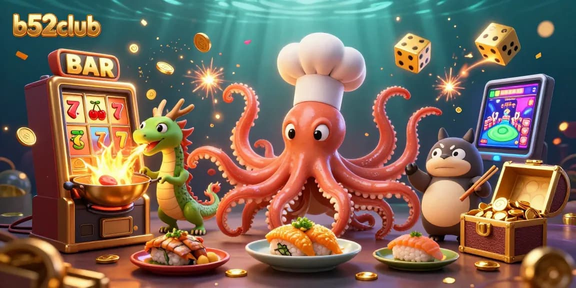 B52Club's vibrant scene showcases an octopus chef and dragon with casino elements bursting around them.