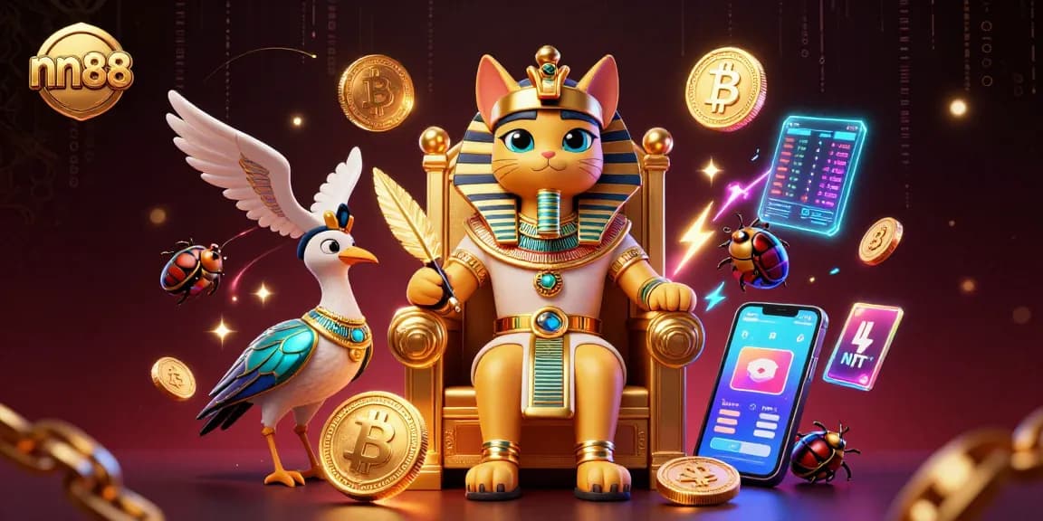 Engage with nn88's dynamic casino experience featuring an Egyptian pharaoh cat amidst vibrant crypto elements.