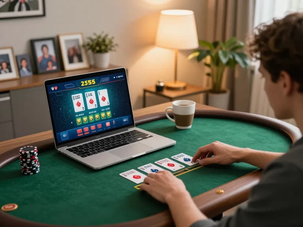 Player enjoying bl555 đăng nhập on a laptop for live blackjack, cozy home setting with warm light.
