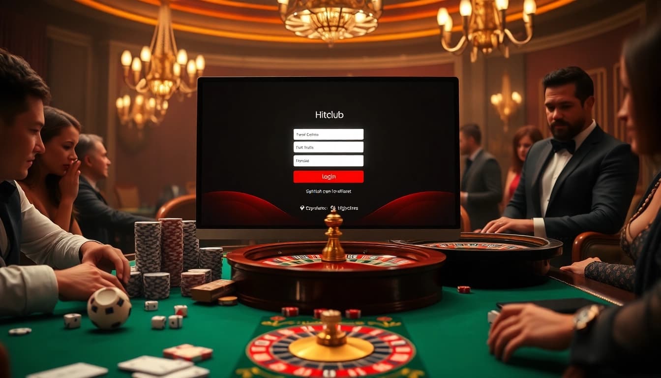 Hitclub đăng nhập visual featuring players at an elegant casino table with poker chips and a roulette wheel.