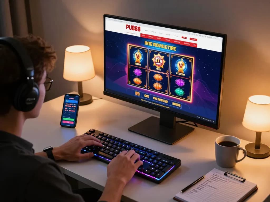 PUB88 player engaging with live slot games on a sleek desk setup, showcasing strategic gambling in comfort.