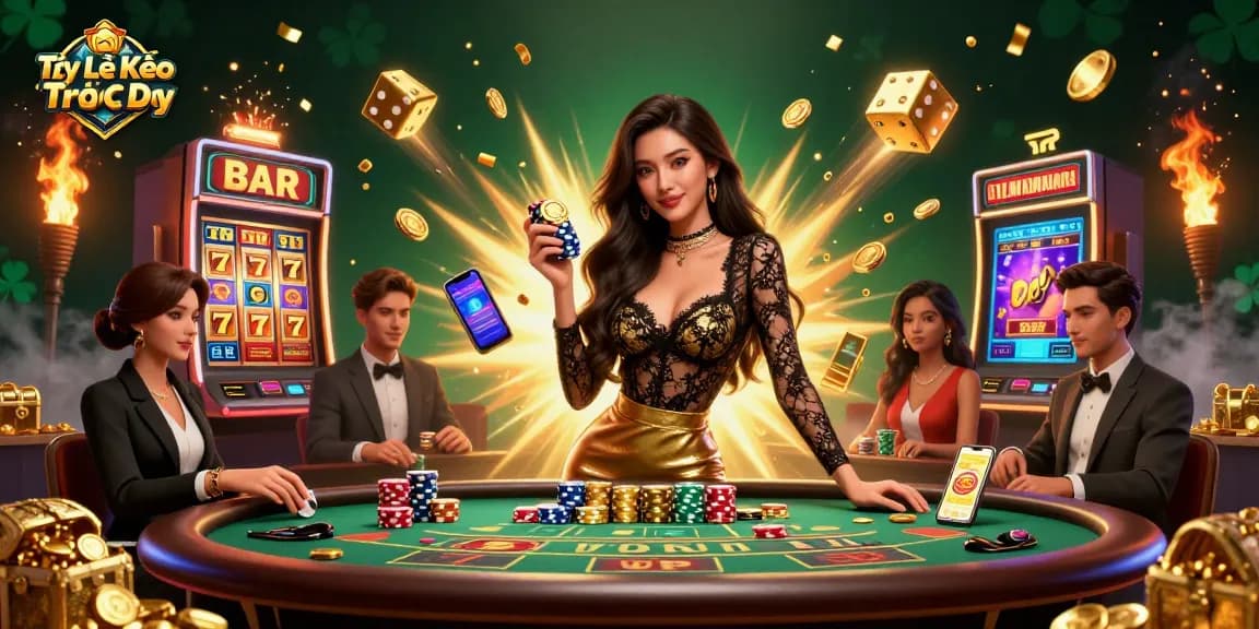 Tỷ Lệ Kèo Trực Tiếp illustrates a glamorous woman at a baccarat table with golden chips amidst dynamic casino action.