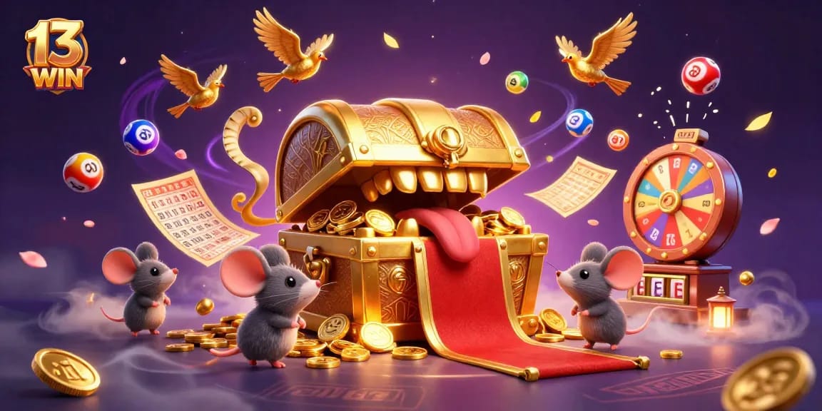 Experience thrilling gameplay at 13WIN with dynamic lottery and casino game elements surrounding a treasure chest.