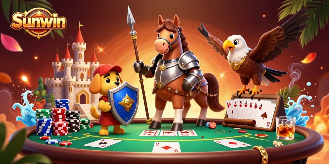Experience thrilling gambling action with Sunwin's 3D knight, squire, and falcon at a vibrant poker table.