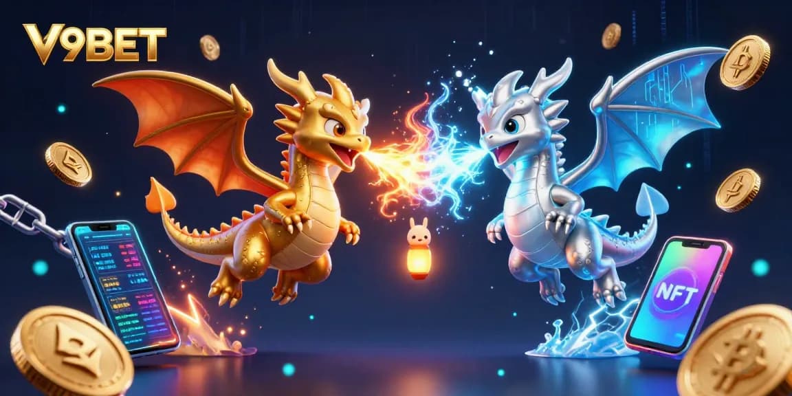 Engage in thrilling gameplay with V9BET, featuring enchanting dragons and vibrant cryptocurrency elements.