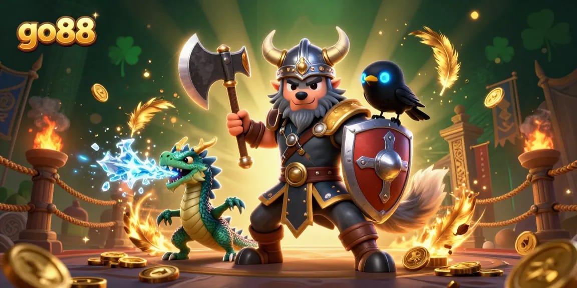 Bet on go88 and join a thrilling adventure with a Viking wolf warrior, dragon, and raven amidst rich casino elements.