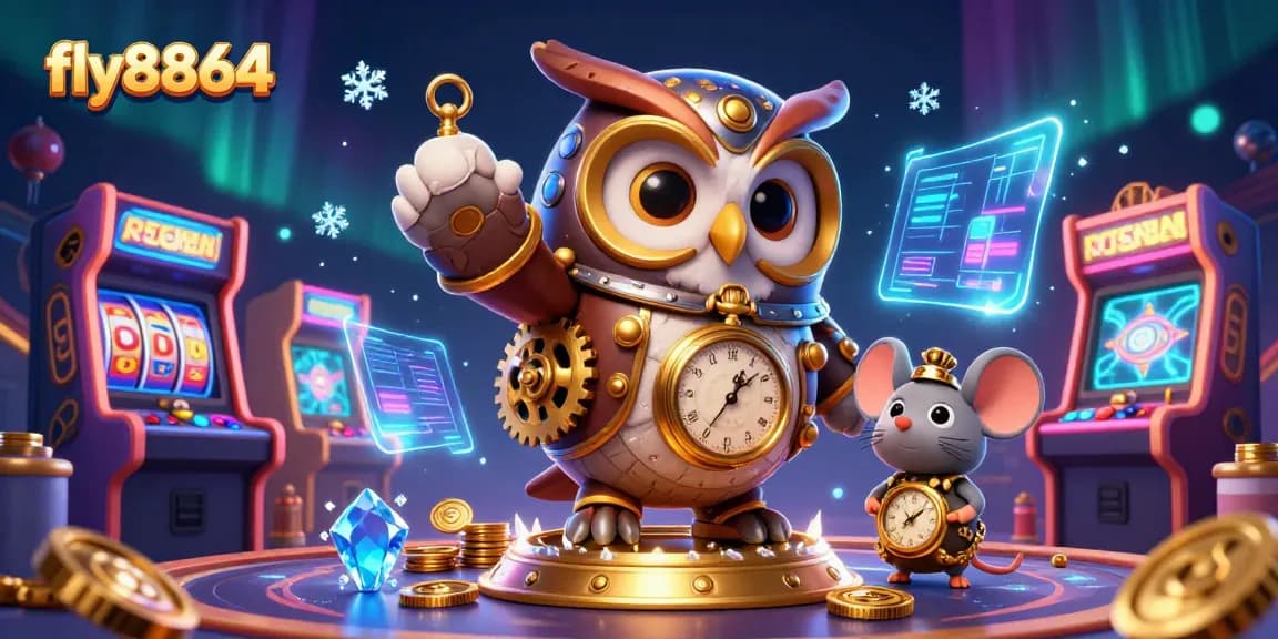Experience thrilling gameplay with fly8864 in a vibrant casino scene featuring steampunk owl characters.