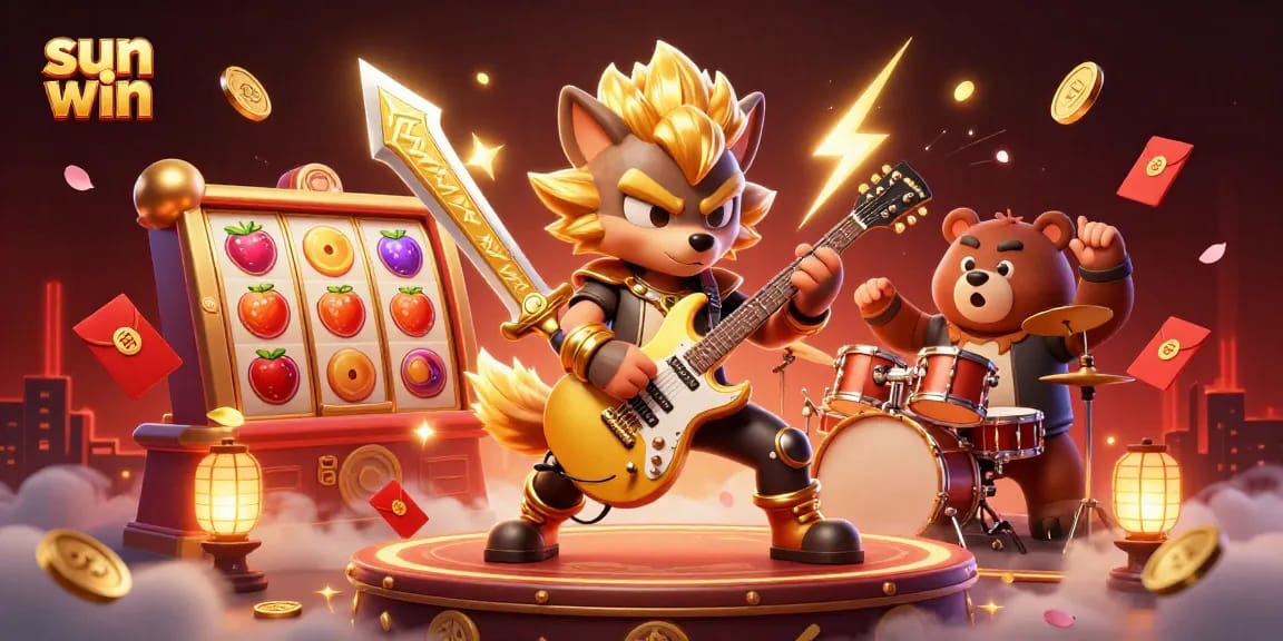 Spin the reels and win big with sun win, featuring a rock star wolf jamming on stage with thrilling slot elements.