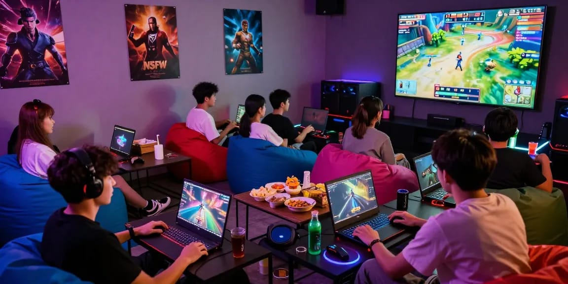 Diverse group playing NSFW games in a vibrant gaming lounge.