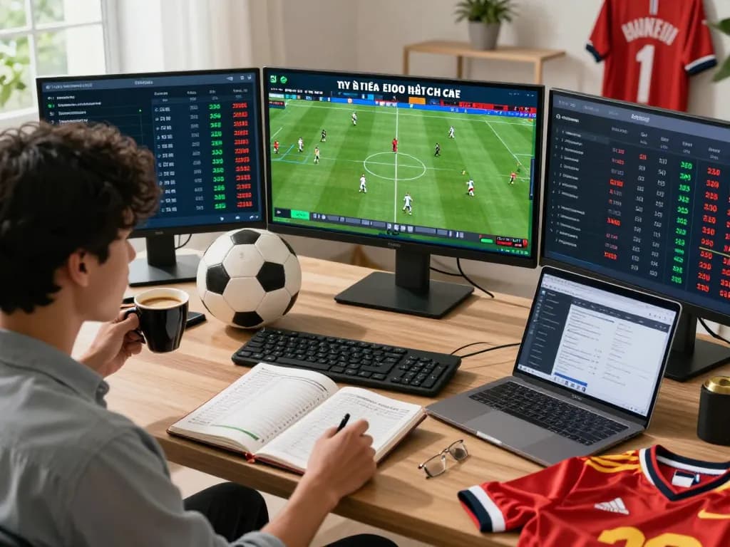 Focused individual analyzing tỷ lệ kèo nhà cái during live football match.
