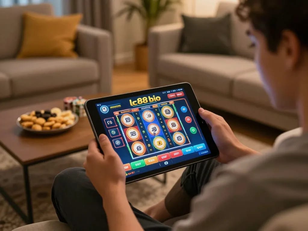 Engaging online gaming on lc88 bio in a cozy living room with vibrant slot displays.