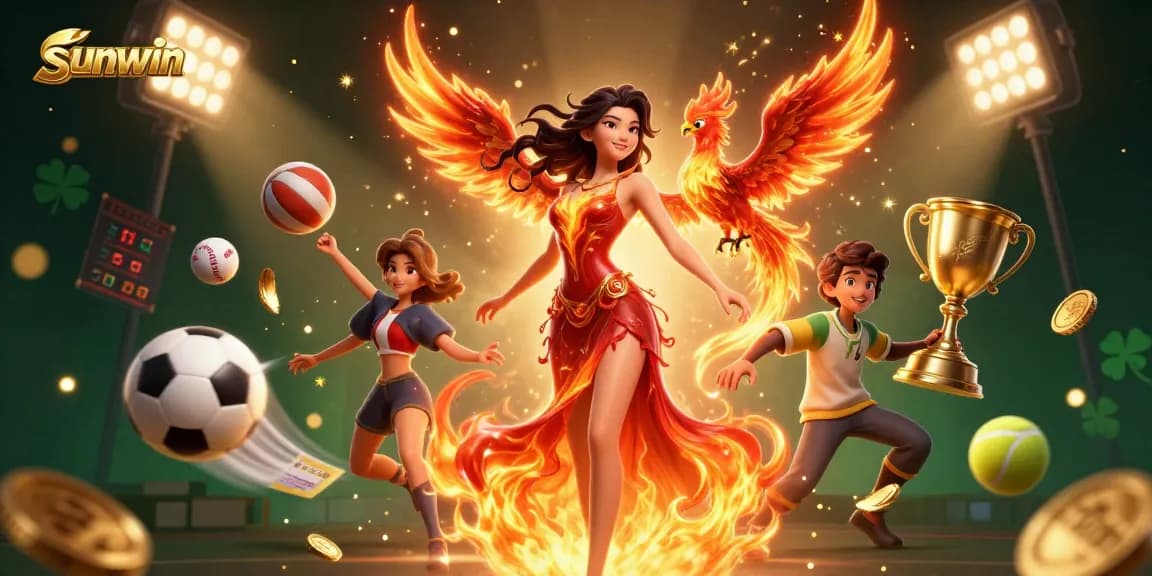 Join the thrilling action at sunwin, where a stunning Asian woman and fire phoenix soar above dynamic sports betting elements.