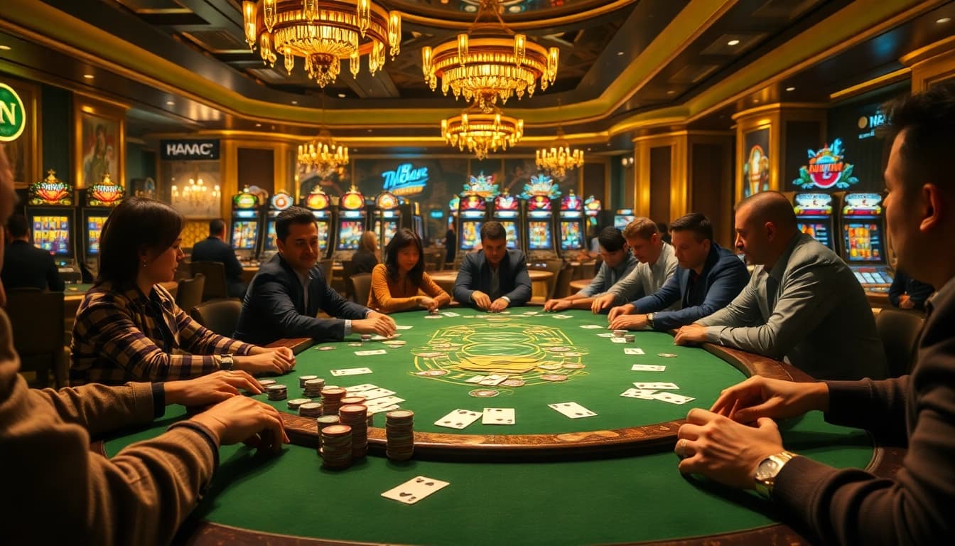 Players at a poker table experience the thrill of gambling on newphim, surrounded by vibrant casino light.