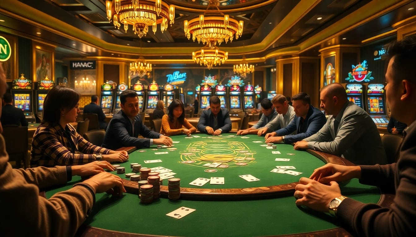 Players at a poker table experience the thrill of gambling on newphim, surrounded by vibrant casino light.