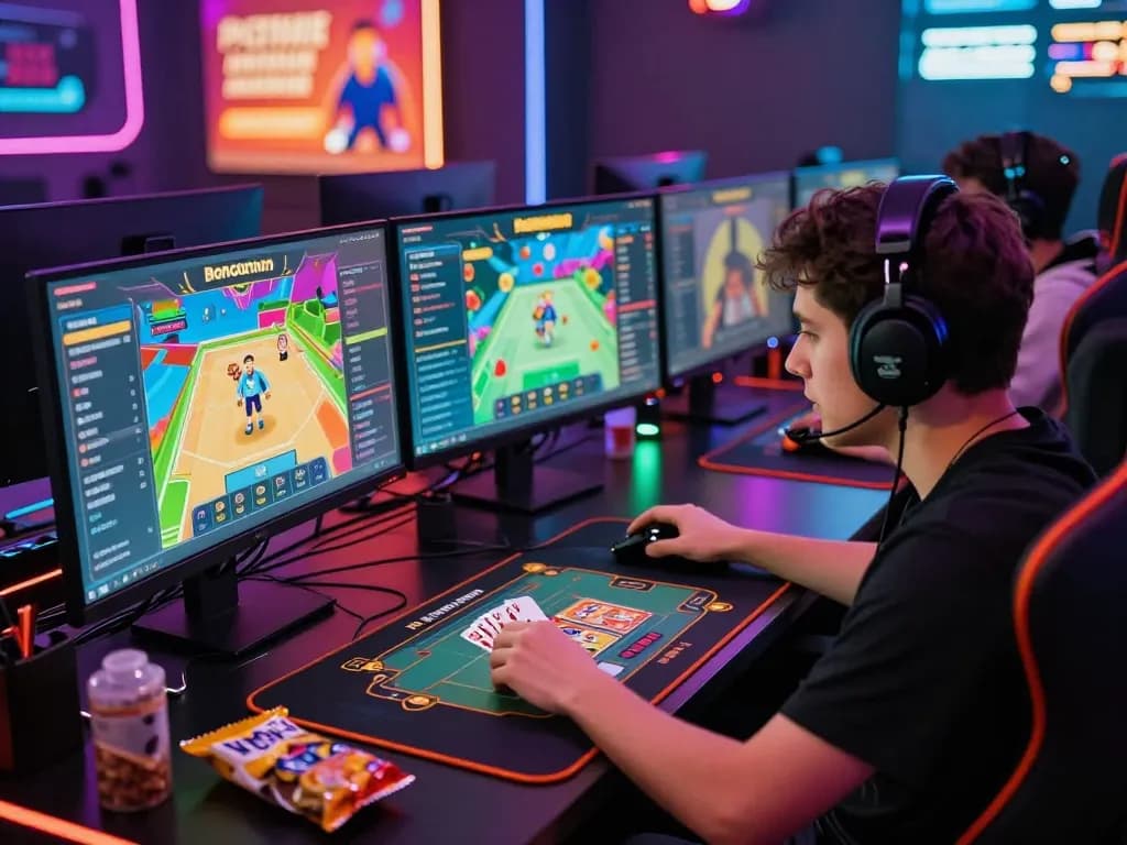 Bomwin online gaming platform showcasing a player engaged in intense card game, vibrant graphics, and energetic atmosphere.