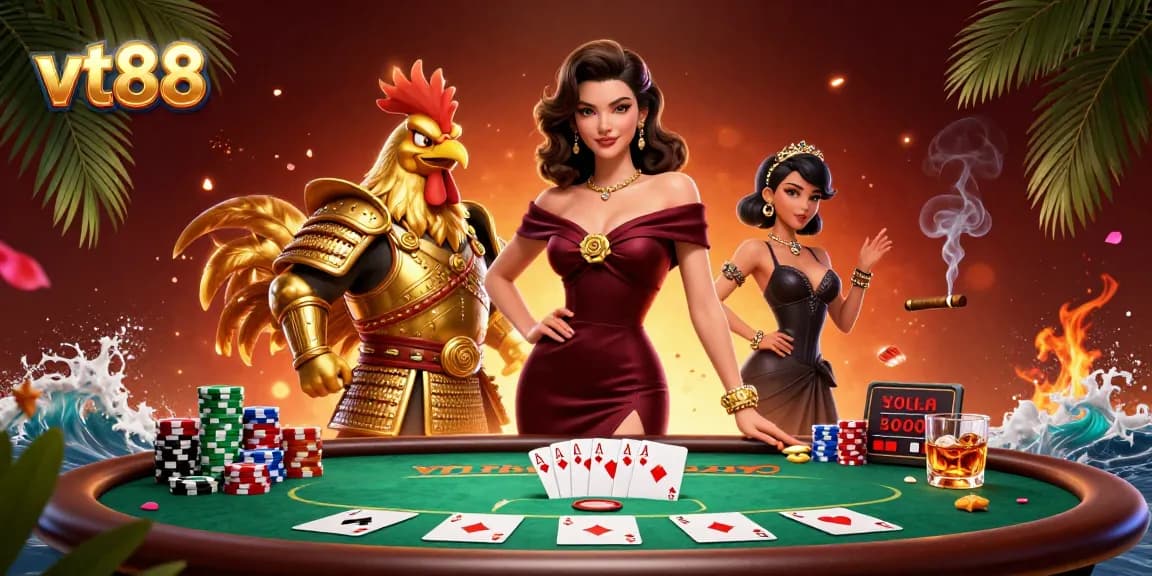 Experience thrilling gameplay at vt88 with a glamorous woman and a golden rooster warrior at a bustling poker table