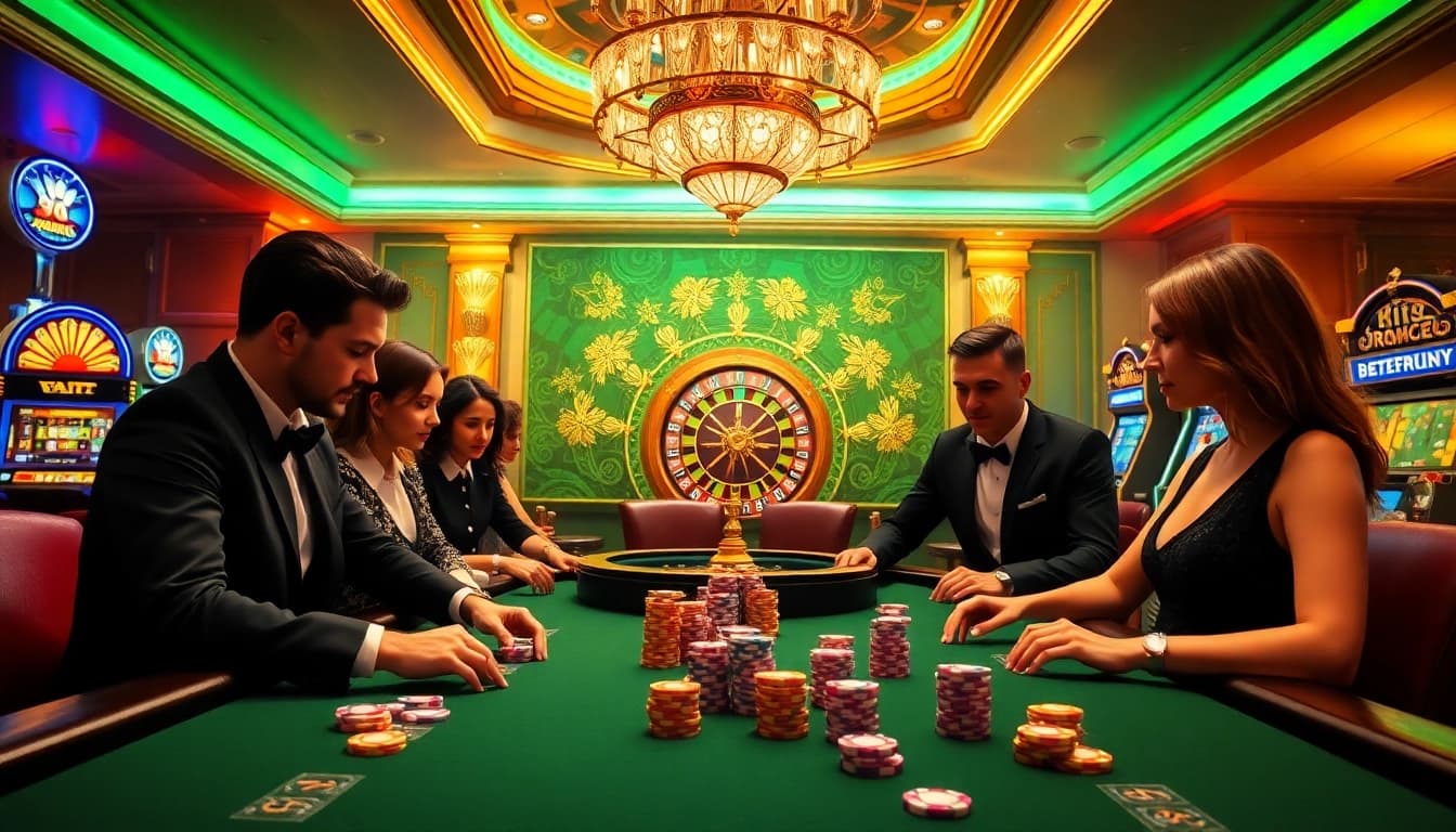 Players enjoy thrilling poker action at PG88 casino with vibrant chips and roulette in view.