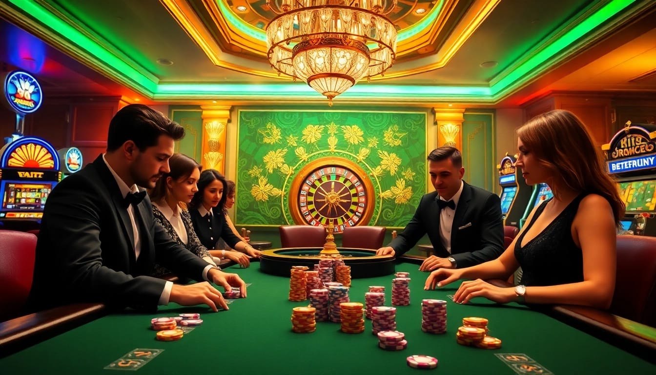 Players enjoy thrilling poker action at PG88 casino with vibrant chips and roulette in view.